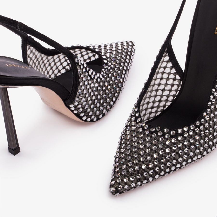 GILDA SLINGBACK 100 mm-Black fishnet slingback with silver Crystals - Image 4