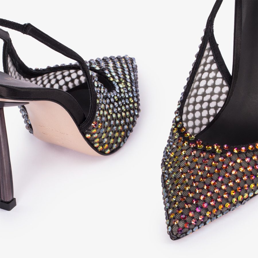 GILDA SLINGBACK 100 mm-Black fishnet slingback with iridescent Crystals - Image 4