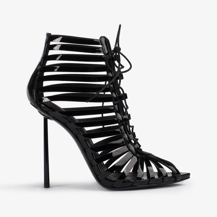 CAGE ANKLE BOOT 120 mm-Black patent leather gladiator ankle boot with straps - Image 5