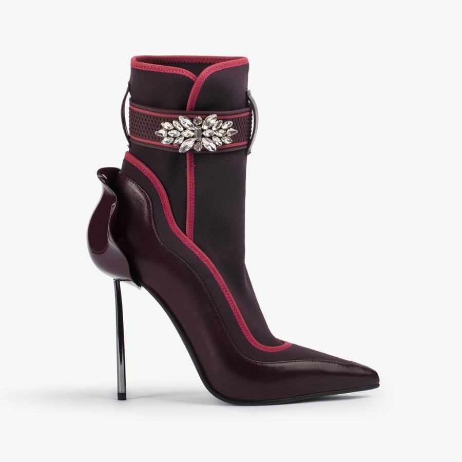 SNORKELING ANKLE BOOT 120 mm-Cherry red leather and fabric ankle boot with silver Crystals - Image 5