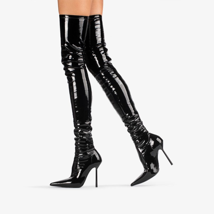 BELLA THIGH-HIGH BOOT 120 mm-Black stretch vinyl over-the-knee boot - Image 5