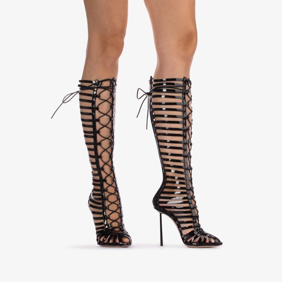 CAGE BOOT 120 mm-Black patent leather gladiator knee boot with straps - Image 5