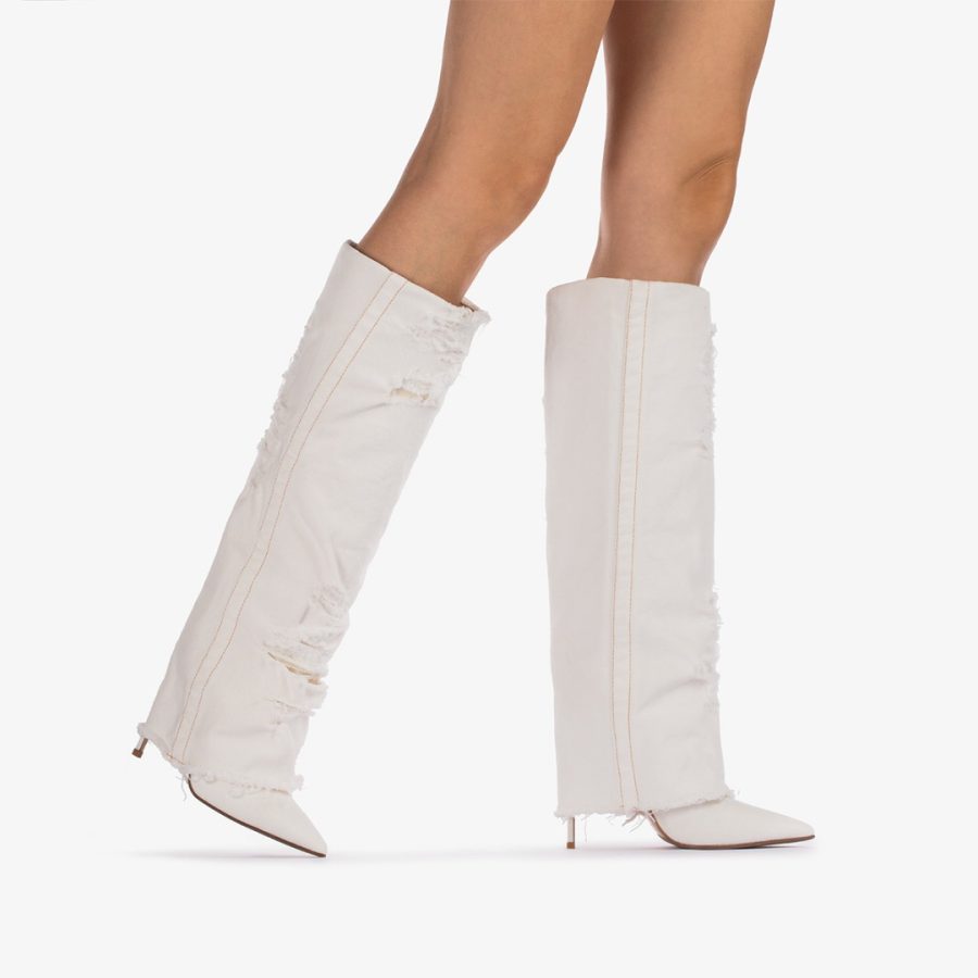 ANDY BOOT 120 mm-Distressed white denim cuffed knee boot - Image 5