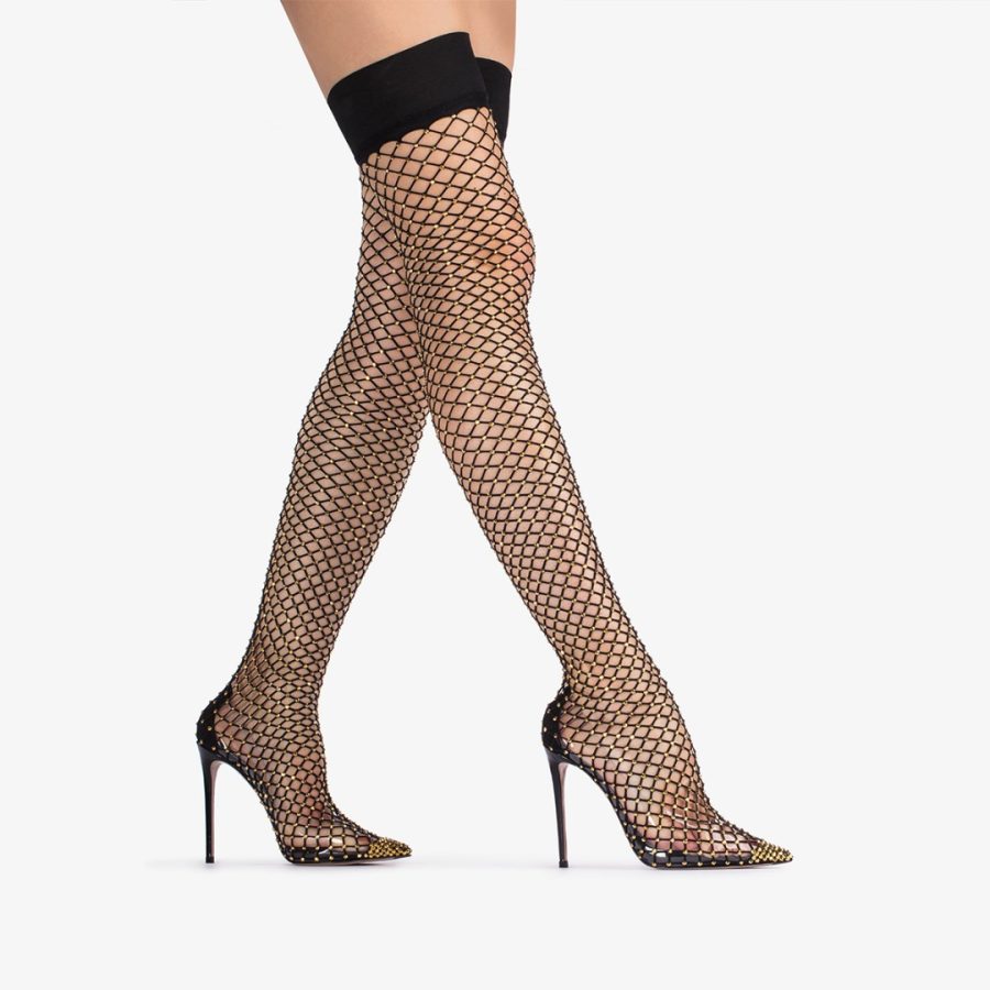 GILDA THIGH-HIGH BOOT 120 mm-Black fishnet thigh-high boot with gold Crystals - Image 5