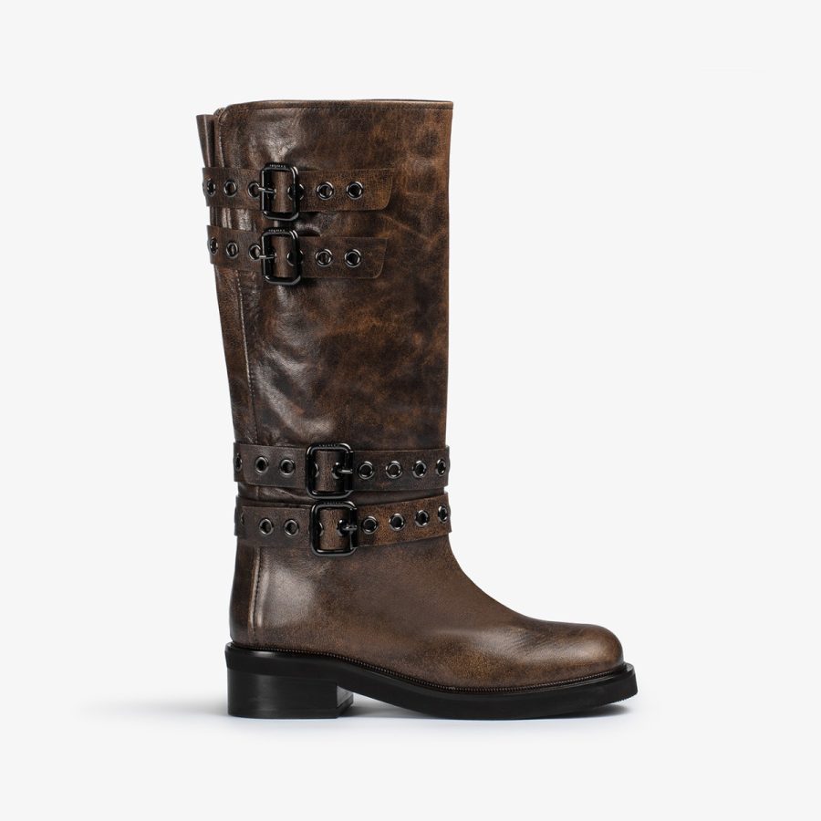 HARLEY BOOT 50 mm-Brown vintage effect leather boot with gray buckles and eyelets - Image 5