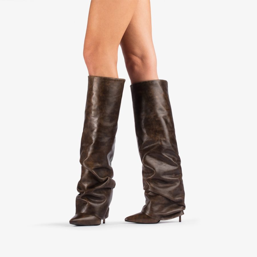 ANDY BOOT 120 mm-Brown vintage effect leather cuffed knee boot - Image 5