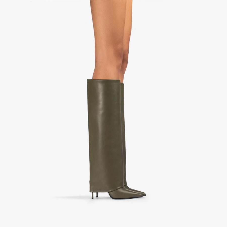 ANDY BOOT 120 mm-Khaki green nappa leather cuffed knee boot - Image 5