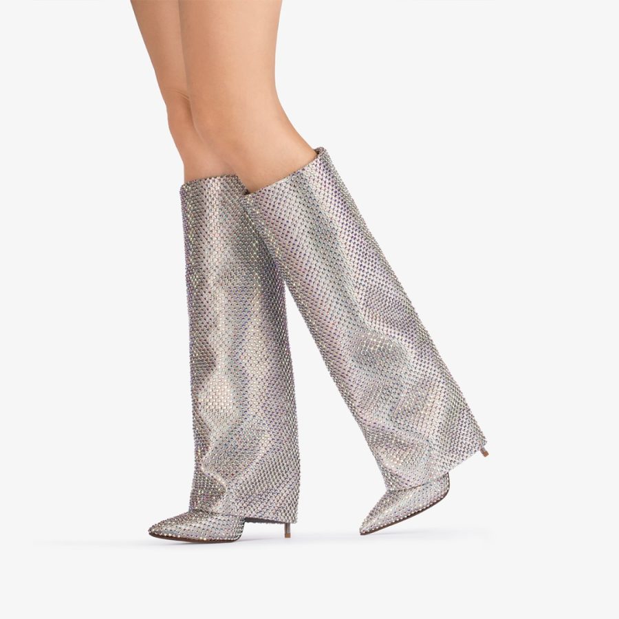 ANDY BOOT 120 mm-Eclipse silver fishnet and Crystals cuffed knee boot - Image 5