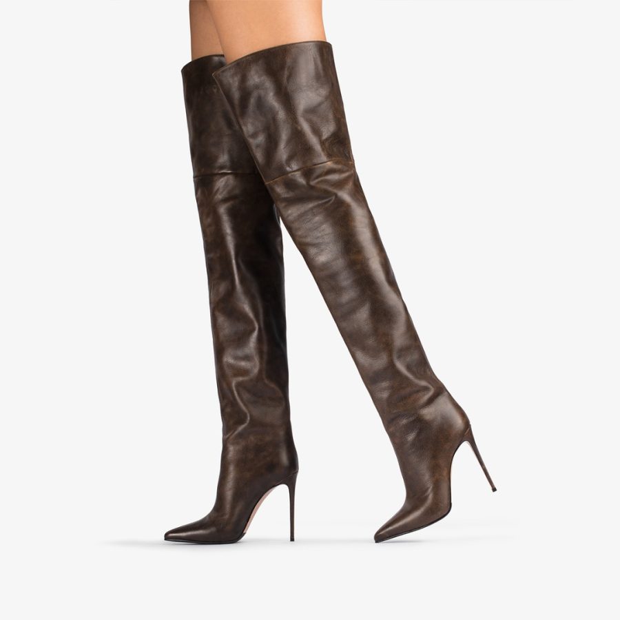 EVA THIGH-HIGH BOOT 120 mm-Brown vintage effect leather oversized over-the-knee boot - Image 5