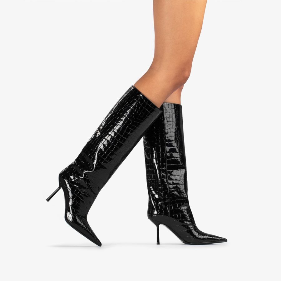 BELLA BOOT 80 mm-Black crocodile print knee boot - Image 5