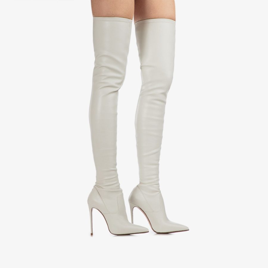 EVA THIGH-HIGH BOOT 120 mm-Milk white stretch vegan leather over-the-knee boot - Image 5