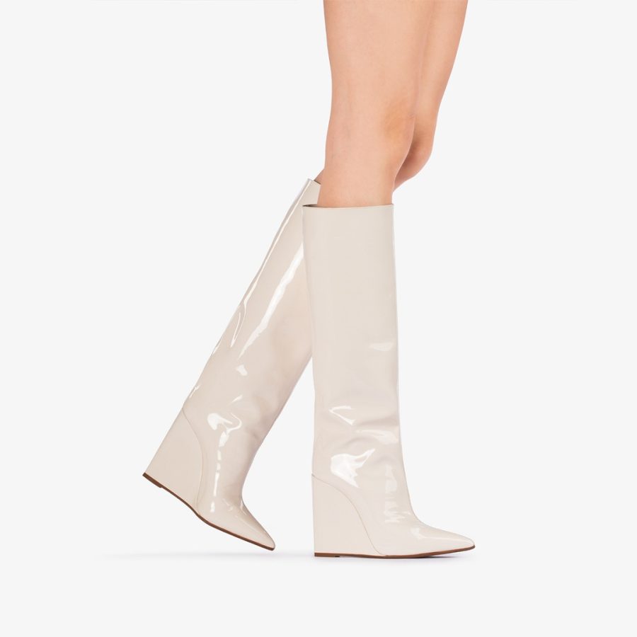 KIRA BOOT 120 mm-Milk white patent leather knee boot with wedge heel - Image 5