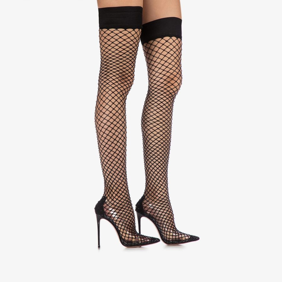 GILDA THIGH-HIGH BOOT 120 mm-Black fishnet over-the-knee boot with Crystals - Image 5