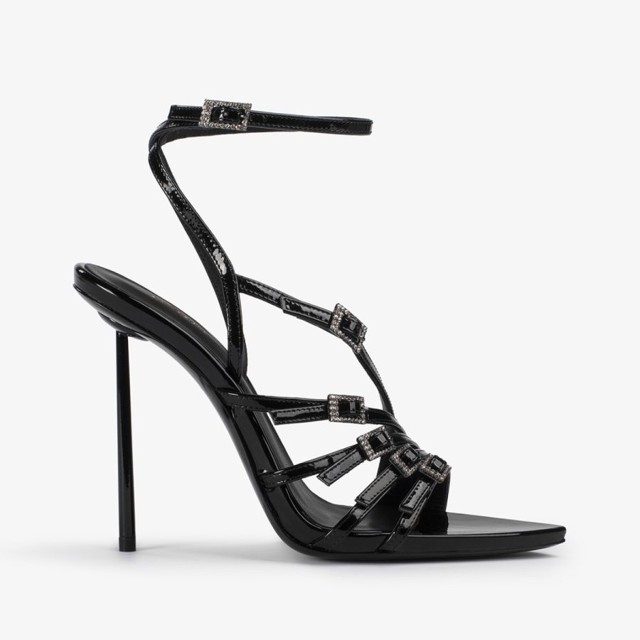 SCARLET SANDAL 120 mm-Black patent leather sandal with Crystals - Image 5