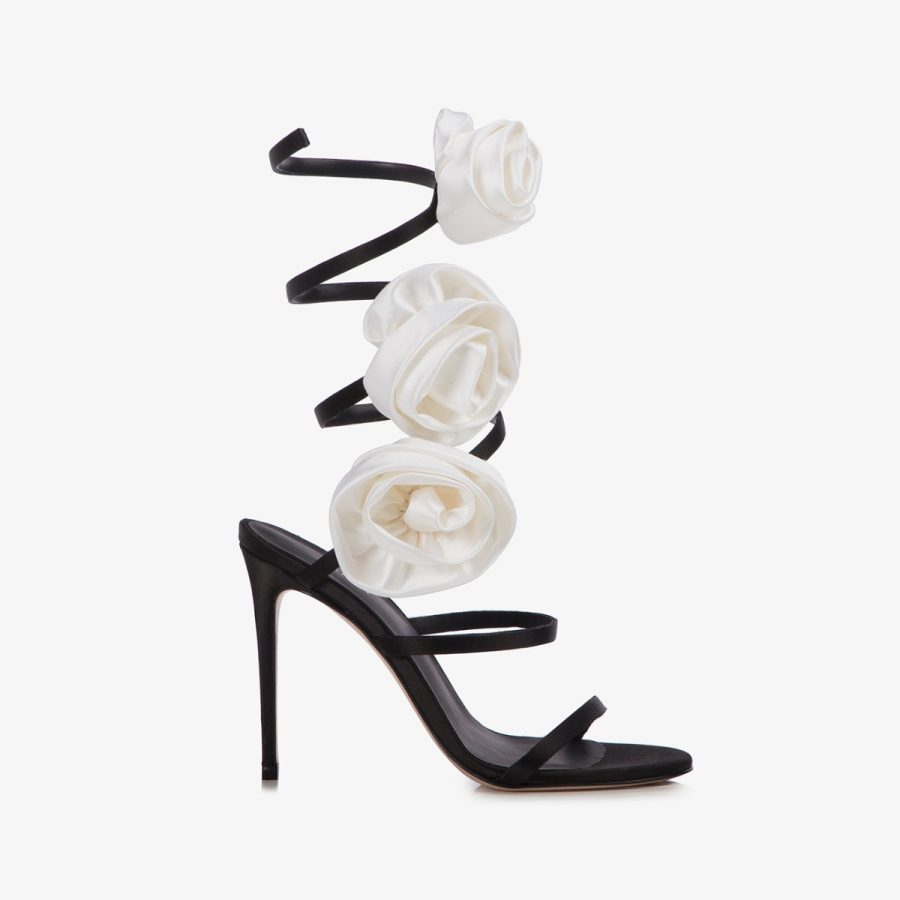 ROSE SANDAL 110 mm-Black satin sandal with white roses - Image 5