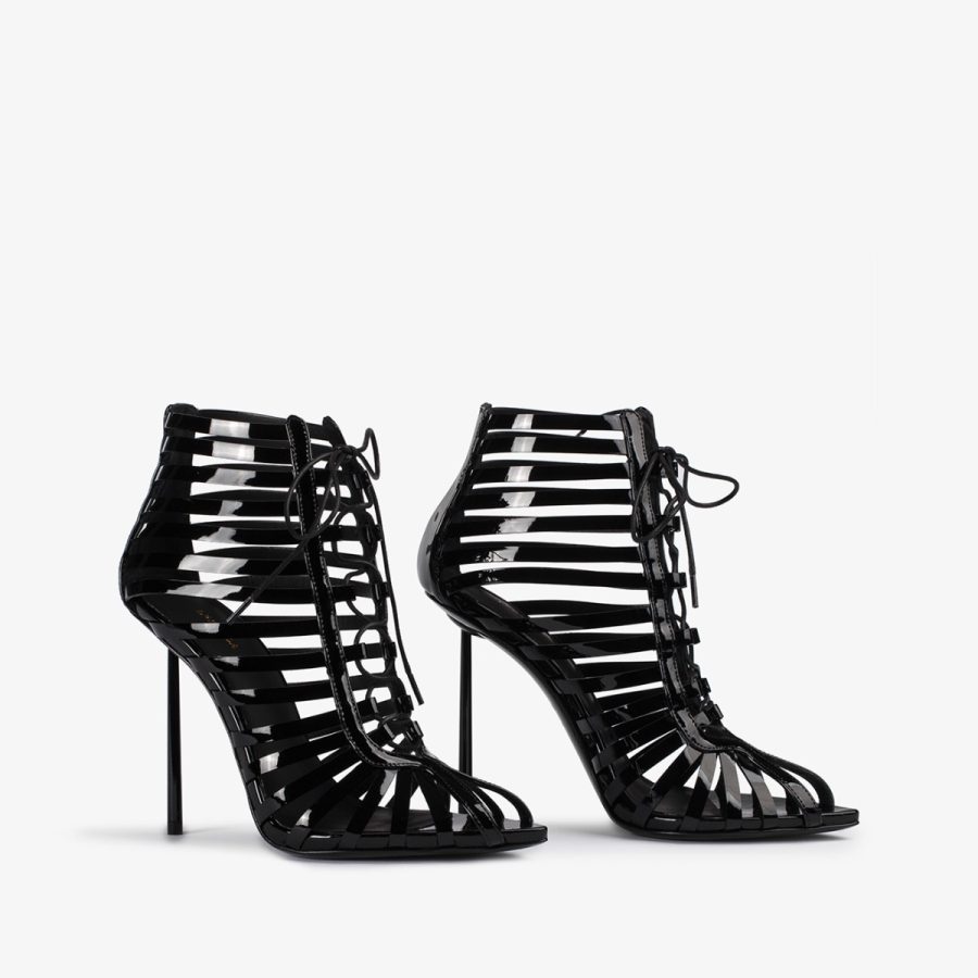 CAGE ANKLE BOOT 120 mm-Black patent leather gladiator ankle boot with straps - Image 6