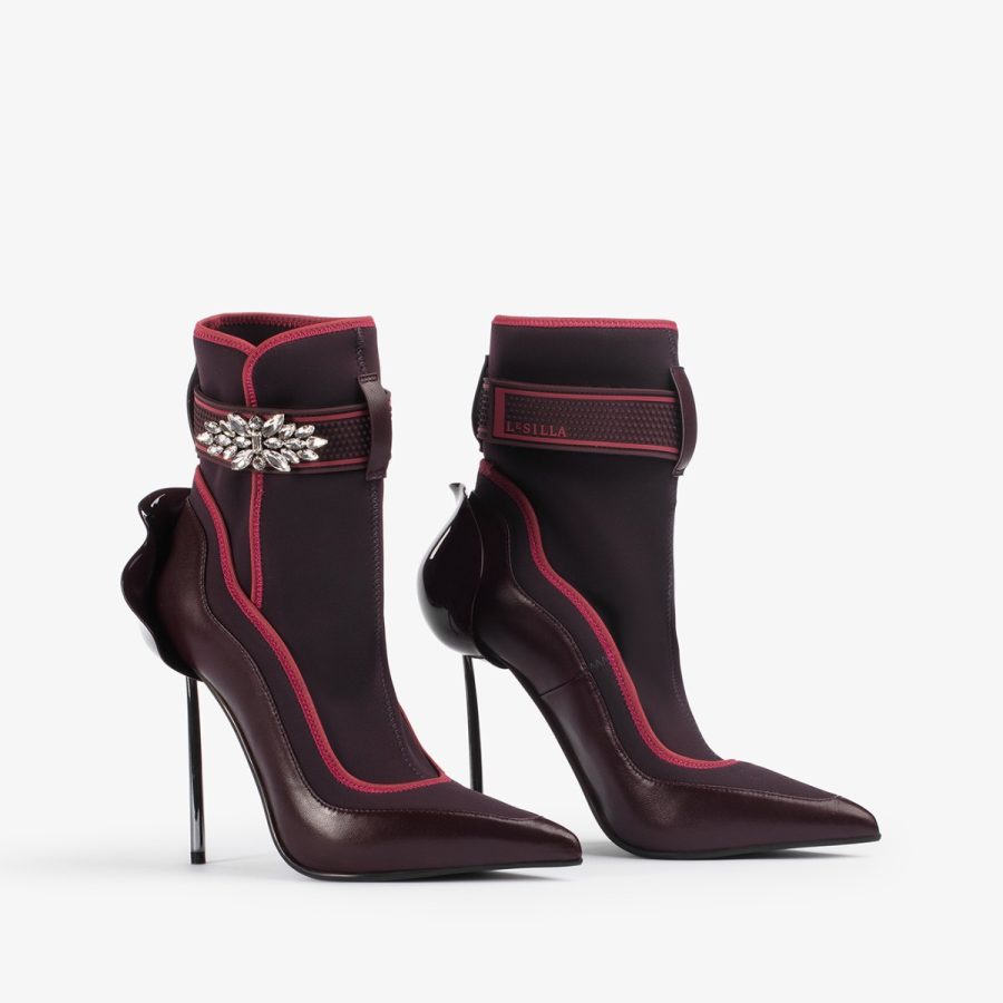 SNORKELING ANKLE BOOT 120 mm-Cherry red leather and fabric ankle boot with silver Crystals - Image 6