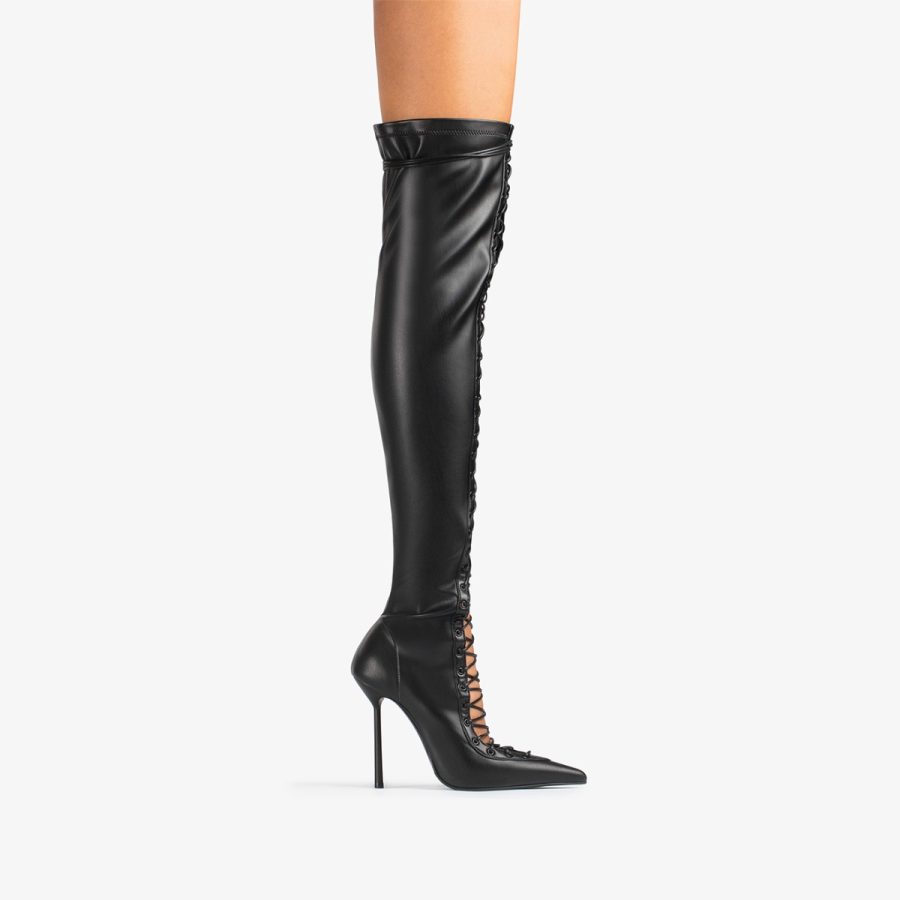 COLETTE THIGH-HIGH BOOT 120 mm-Black stretch vegan leather lace-up over-the-knee boot - Image 6