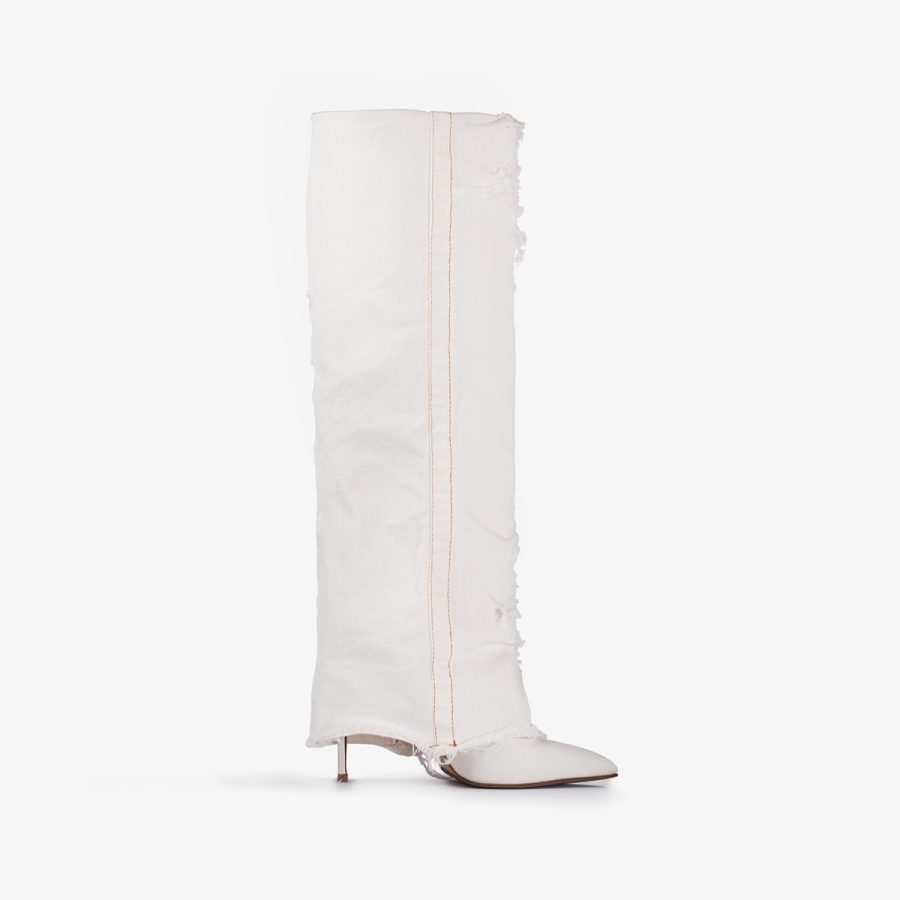 ANDY BOOT 120 mm-Distressed white denim cuffed knee boot - Image 6