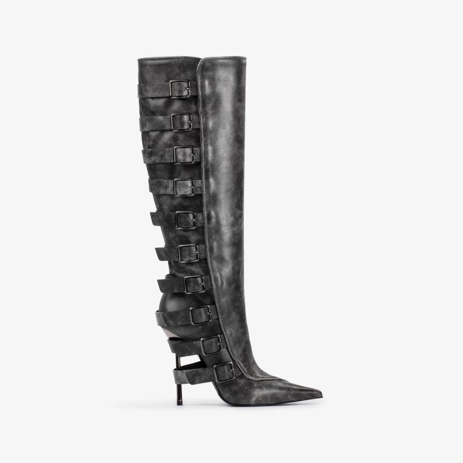 COURTNEY BOOT 120 mm-Black vintage effect leather knee boot with buckles - Image 6