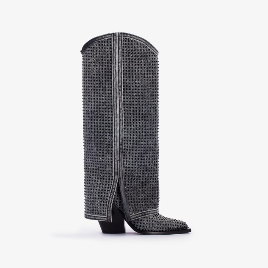 ANDY COWBOY BOOT 100 mm-Jet black denim and Crystals Western-inspired cuffed knee boot - Image 6