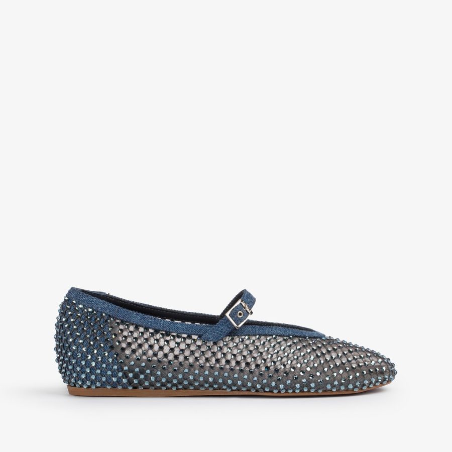 GILDA BALLET FLAT-Denim blue fishnet ballet flat with Crystals - Image 6