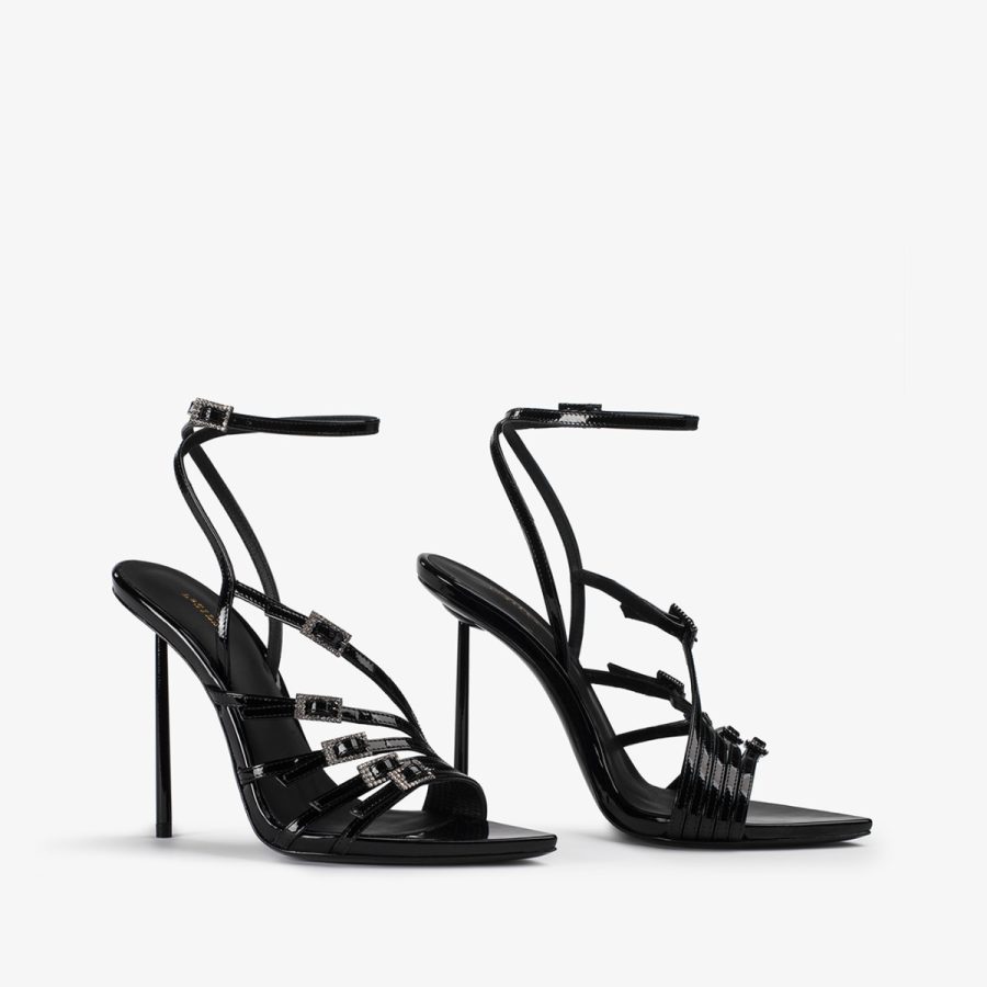 SCARLET SANDAL 120 mm-Black patent leather sandal with Crystals - Image 6