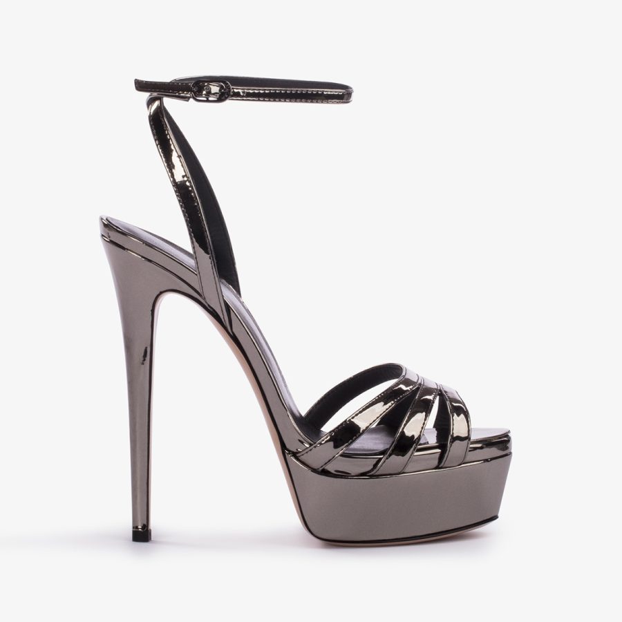 LOLA SANDAL 140 mm-Pewter metallic platform sandal - Image 6