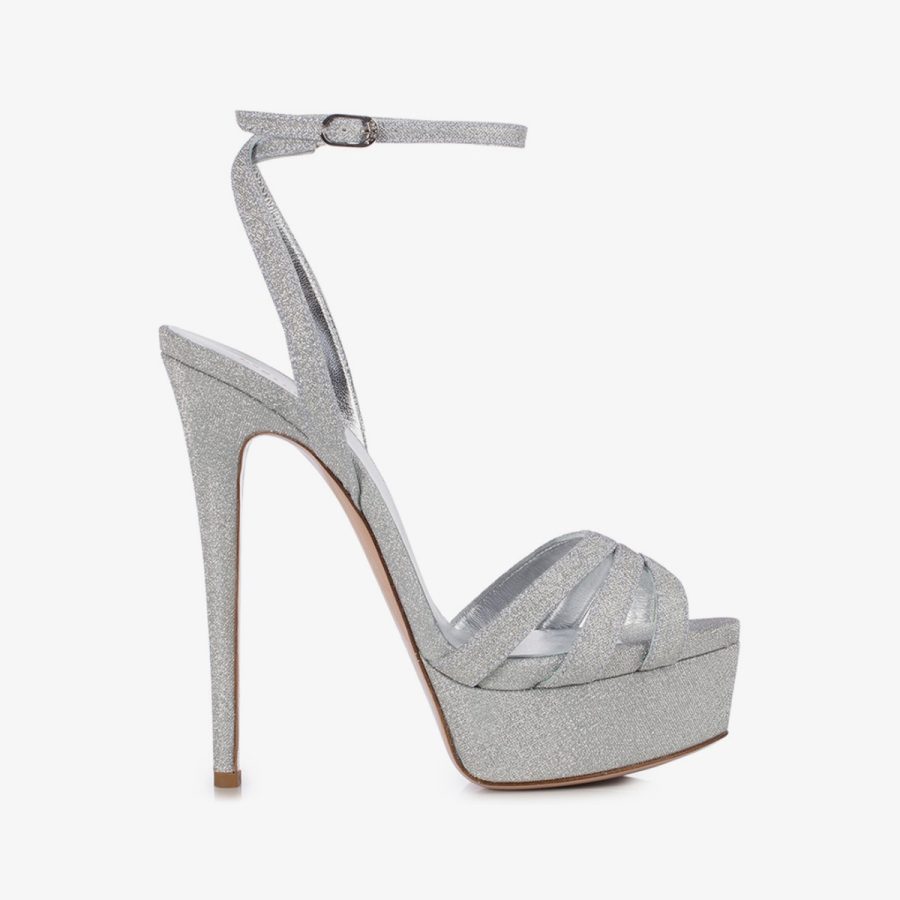 LOLA SANDAL 140 mm-Silver glittered fabric platform sandal - Image 6