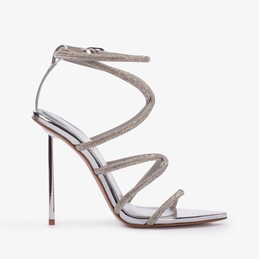 BELLA SANDAL 120 mm-Silver Crystal pavé effect sandal with crossed straps - Image 6