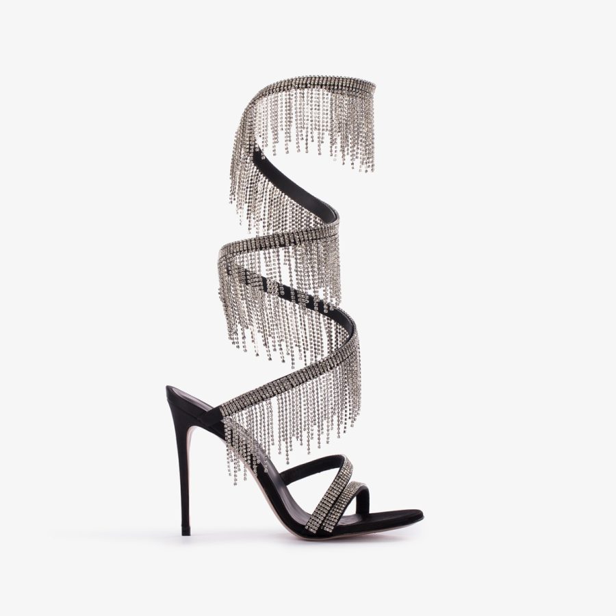 JEWELS SANDAL 110 mm-Black satin sandal with silver fringes - Image 6