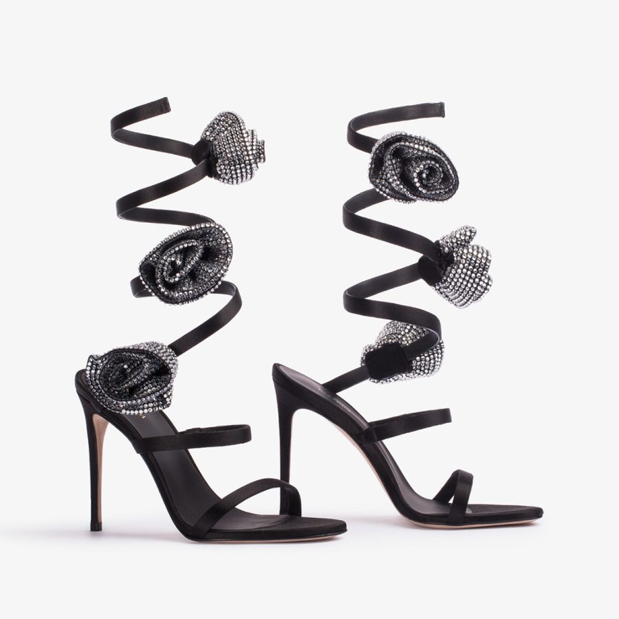 ROSE SANDAL 110 mm-Black satin sandal with silver Crystal-embellished roses - Image 6