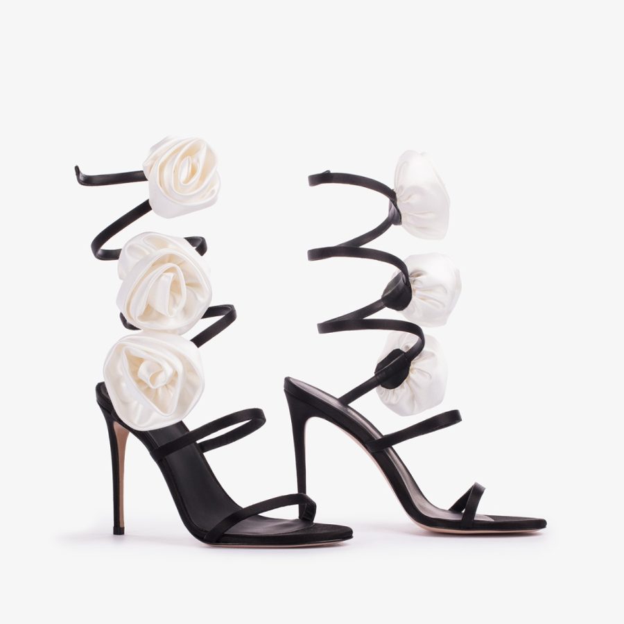 ROSE SANDAL 110 mm-Black satin sandal with white roses - Image 6