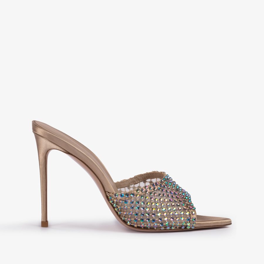 GILDA SANDAL 110 mm-Gold fishnet mule sandal with iridescent Crystals - Image 6