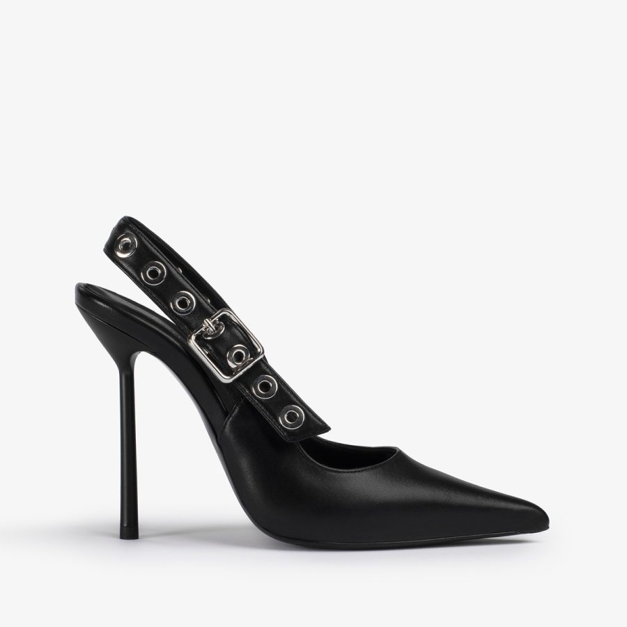 COURTNEY SLINGBACK 120 mm-Black leather slingback with silver eyelets - Image 6