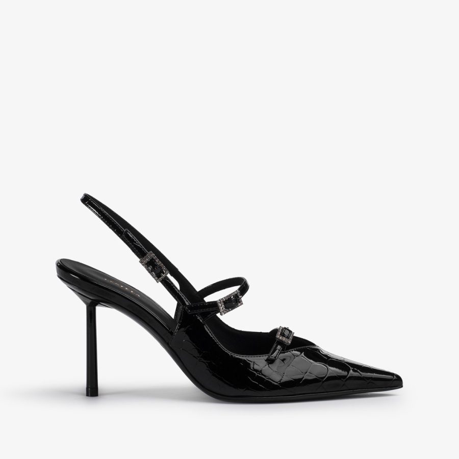 MORGANA SLINGBACK 80 mm-Black crocodile print slingback with straps - Image 6