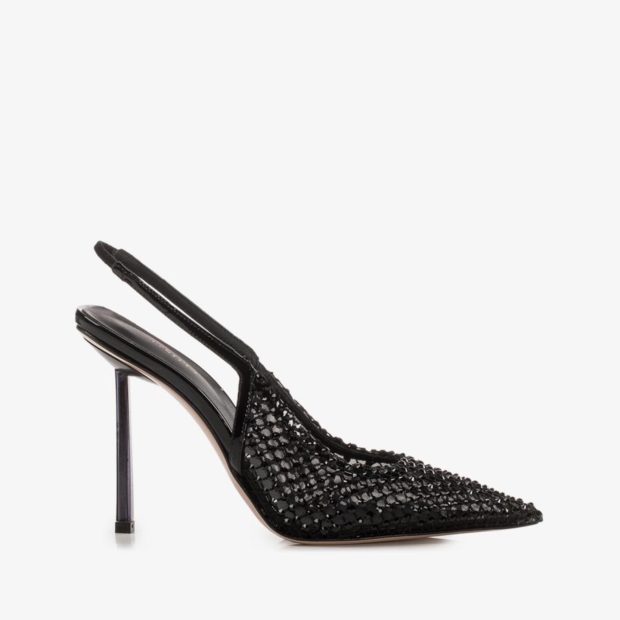 GILDA SLINGBACK 100 mm-Jet black fishnet slingback with Crystals - Image 6