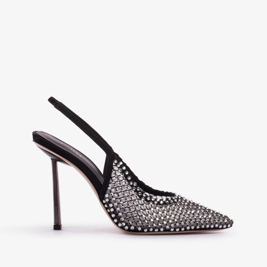 GILDA SLINGBACK 100 mm-Black fishnet slingback with silver Crystals - Image 6