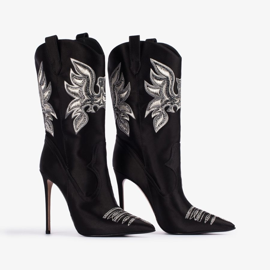 EVA COWBOY ANKLE BOOT 120 mm-Black satin Western-inspired ankle boot with Crystals - Image 7