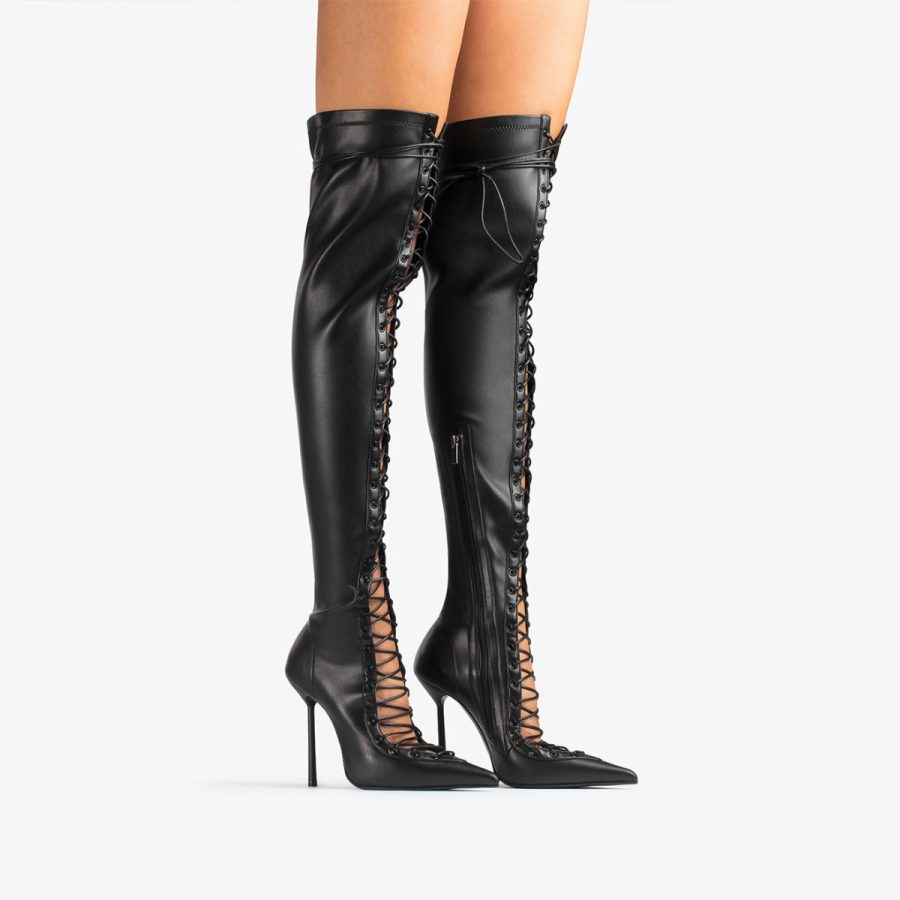 COLETTE THIGH-HIGH BOOT 120 mm-Black stretch vegan leather lace-up over-the-knee boot - Image 7