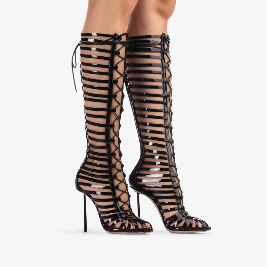 CAGE BOOT 120 mm-Black patent leather gladiator knee boot with straps - Image 7