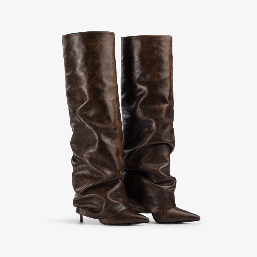 ANDY BOOT 120 mm-Brown vintage effect leather cuffed knee boot - Image 7