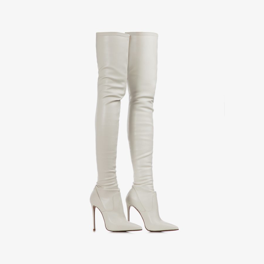 EVA THIGH-HIGH BOOT 120 mm-Milk white stretch vegan leather over-the-knee boot - Image 7