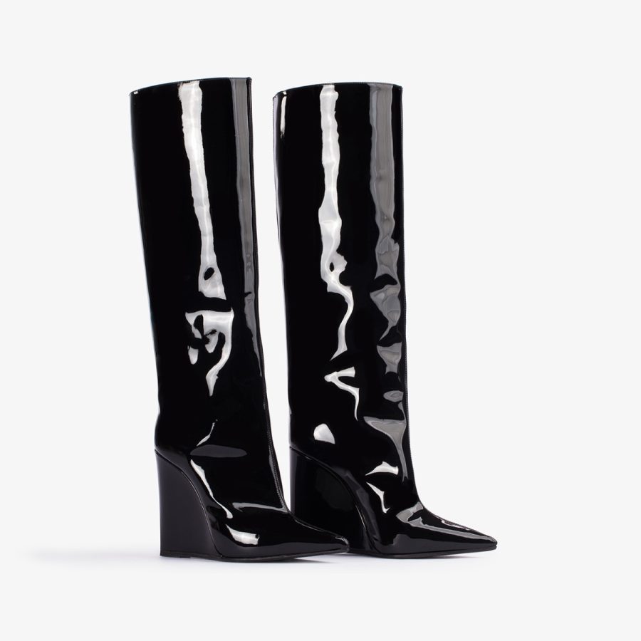 KIRA BOOT 120 mm-Black patent leather knee boot with wedge heel - Image 7