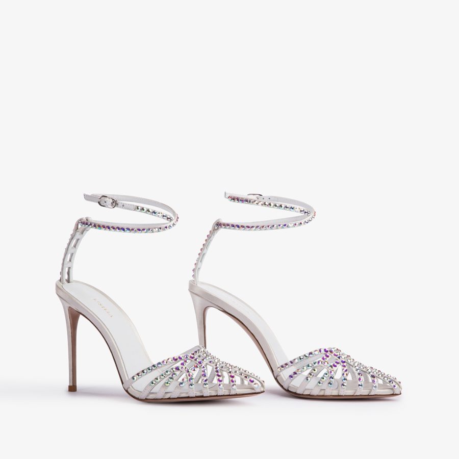 AFRODITE SANDAL 105 mm-White satin and Crystals sandal - Image 7