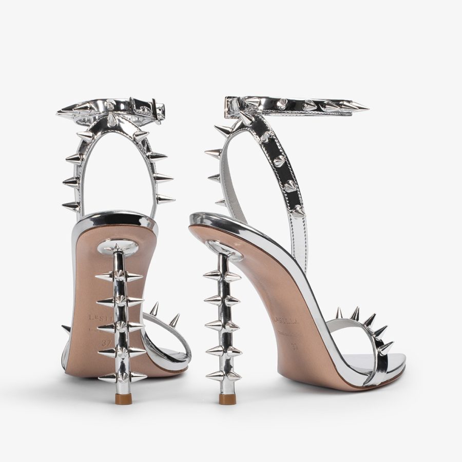 JAGGER SANDAL 120 mm-Silver metallic studded mule sandal - Image 7