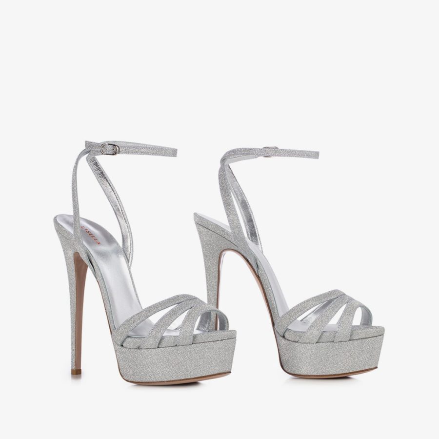 LOLA SANDAL 140 mm-Silver glittered fabric platform sandal - Image 7