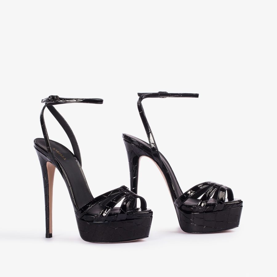 LOLA SANDAL 140 mm-Black crocodile print platform sandal - Image 7