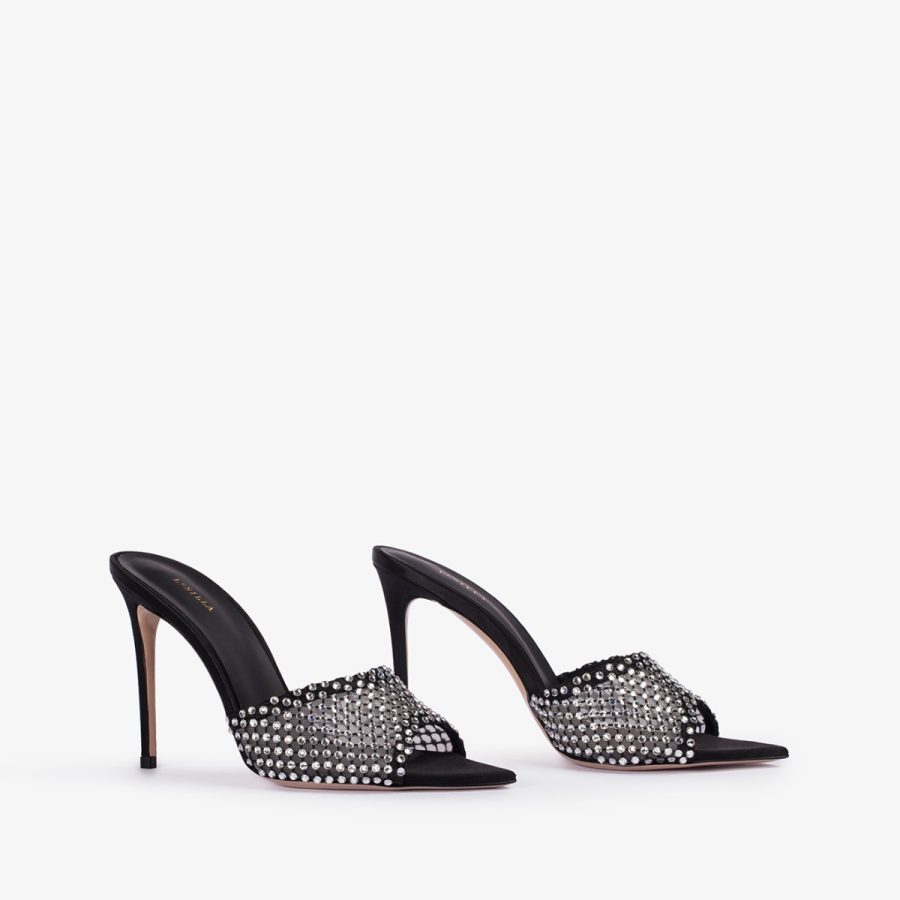 GILDA SANDAL 110 mm-Black fishnet sandal with silver Crystals - Image 7