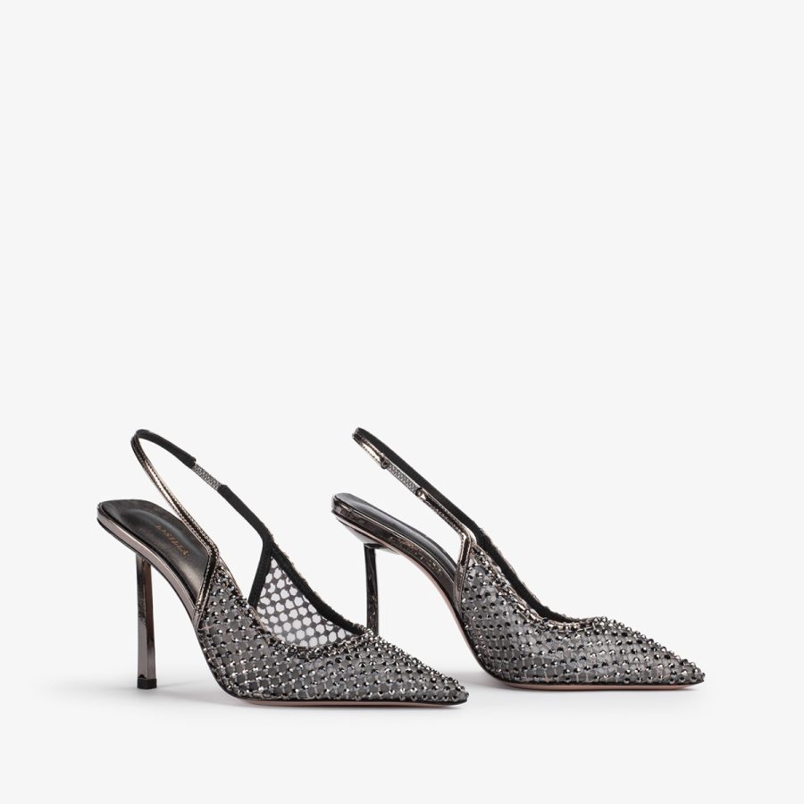 GILDA SLINGBACK 100 mm-Pewter fishnet slingback with Crystals - Image 7